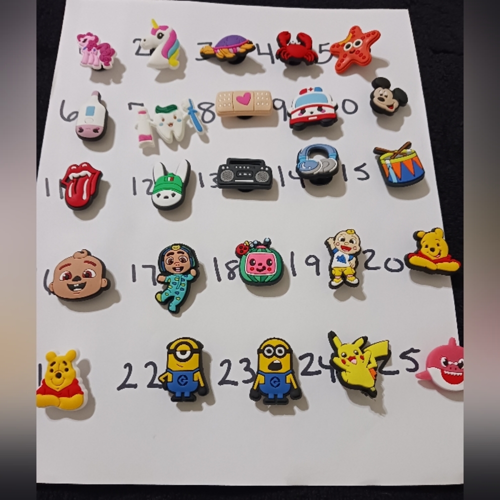 Croc charms jibitz 10 for 25 pick the numbers you want and let me know